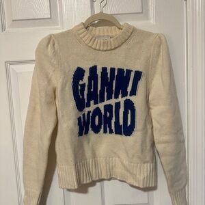 Ganni Cream Sweater with Bold Blue Logo